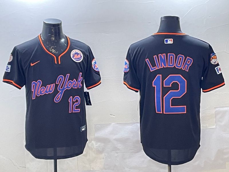 Men New York Mets 12 Lindor Black Throwback Game Nike 2025 MLB Jersey style 2